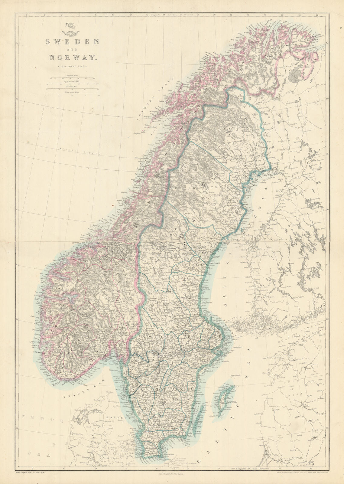SCANDINAVIA.Shows early railways inc Oslo-Eidsvoll.Norway Sweden.LOWRY 1863 map